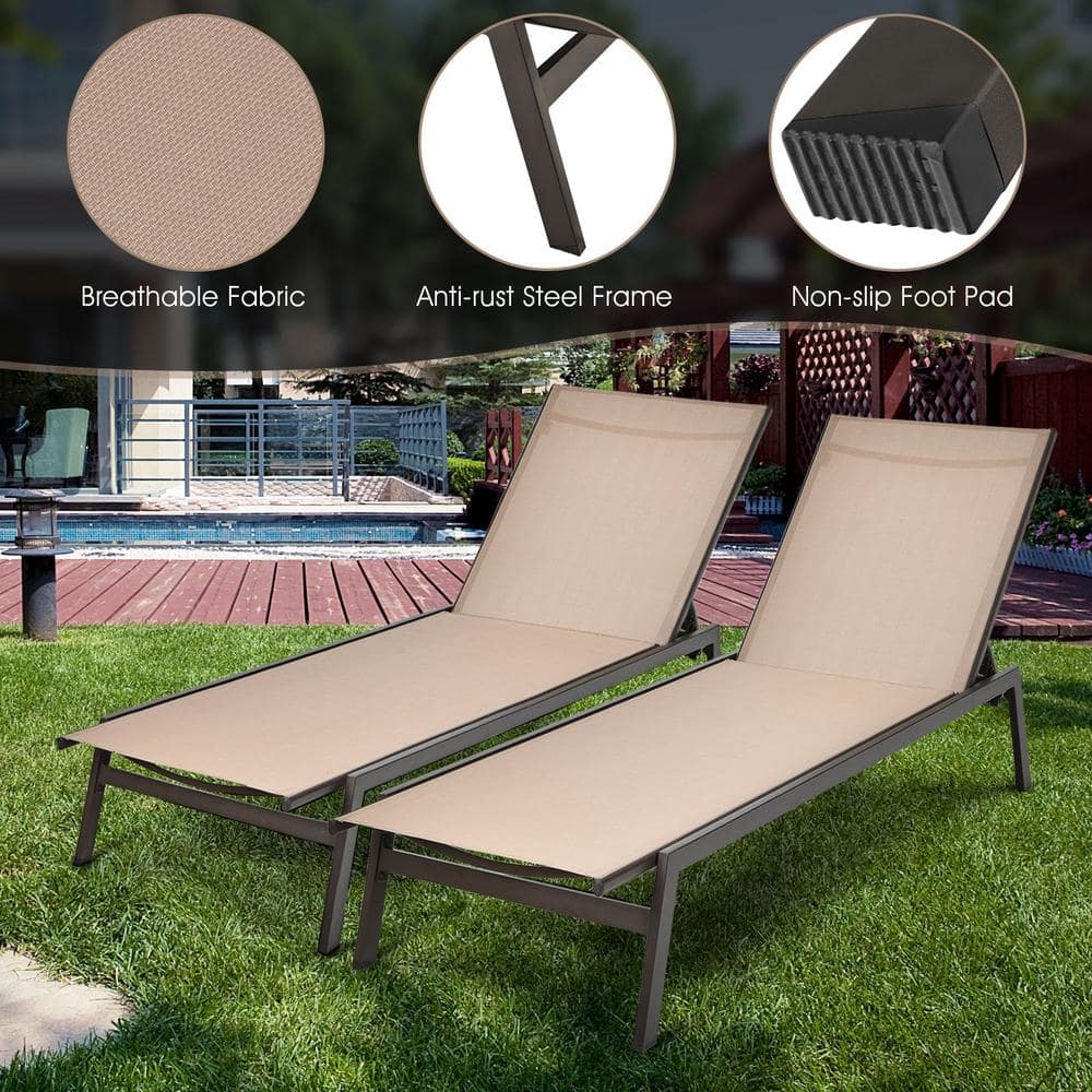 Brown Steel Outdoor Chaise Lounger with Adjustable Backrest
