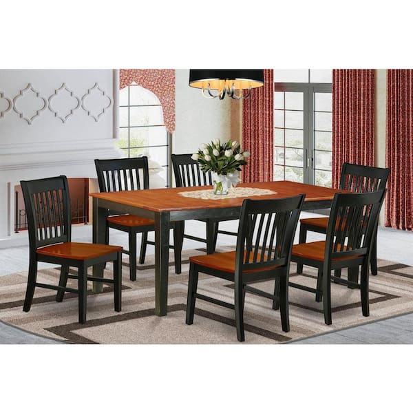 7-Piece Rectangle Black and Cherry Finish Solid Wood Top Dining Table with 6-Chairs with Butterfly Leaf Lattice Back