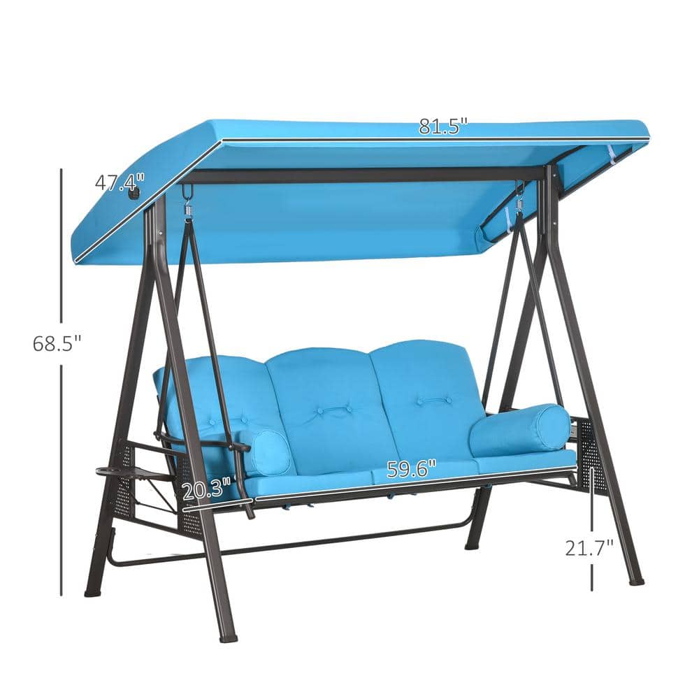 Blue Steel Frame 3-Seat Outdoor Patio Swing with Canopy and Cushions
