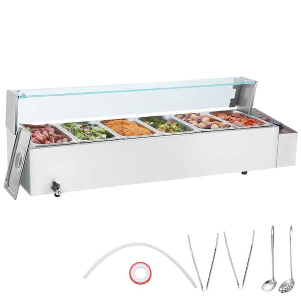 6-Pan Commercial Food Warmer, 6 x 5 qt. Electric Steam Table with Glass Cover, 1500W Countertop Stainless Steel Buffet