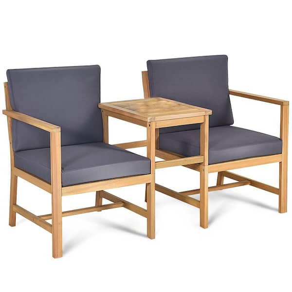 FORCLOVER 3-Piece Natural Wood Outdoor Loveseat with Gray Cushions and Separable Coffee Table