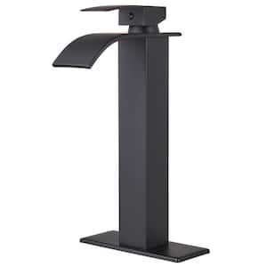 Arc Waterfall Single-Handle Single Hole Bathroom Faucet with Deckplate Included and High-Body in Matte Black