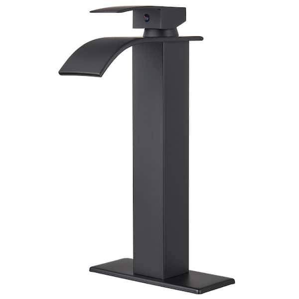 Zalerock Arc Waterfall Single-Handle Single Hole Bathroom Faucet with Deckplate Included and High-Body in Matte Black