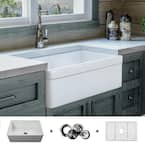 Luxury 30 inch Fireclay Modern Farmhouse Kitchen Sink in White, Single Bowl with Belted Front, Includes Drain