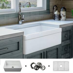 Luxury 30 inch Fireclay Modern Farmhouse Kitchen Sink in White, Single Bowl with Belted Front, Includes Drain
