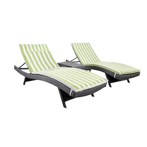 Miller Grey 3-Piece Faux Rattan Outdoor Chaise Lounge and Table Set with Green/ White Stripe Cushions