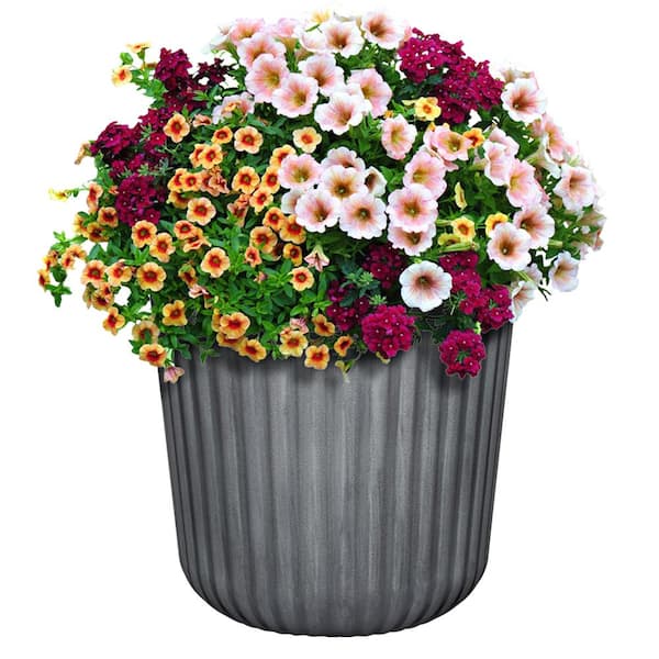 Arlington Fluted Medium Slate Resin Self-Watering Round Planter (15 in. L x 15 in. W x 15 in. H)