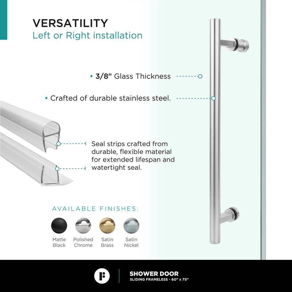 60'' Polished Chrome Frameless Sliding Shower Door with Clear Tempered Glass