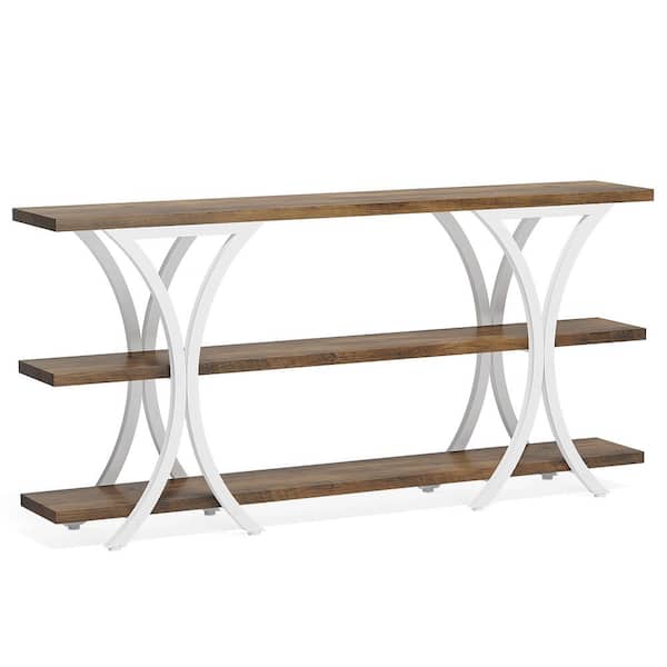 BYBLIGHT Terrella 70.8 in. Brown and White Rectangle Engineered Wood Console Table with 3 Tier Storage Shelves