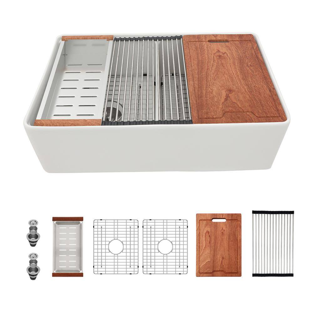 White Ceramic 33 in.  Double Bowl Farmhouse Apron Workstation Kitchen Sink with Strainer and Cutting Board price history on PriceWatchPro