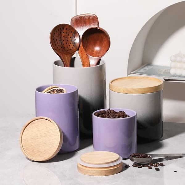 Anqtovp 16 Fl oz. Ceramic Storage Jar Stackable Kitchen Canisters with Airtight Seal Wooden Lid Serving Ground Coffee, Purple