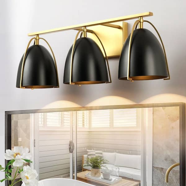 Mattheo 23.23 in. W 3-Light Matte Black with Brushed Gold Half-Cut Dome Metal Vanity Light