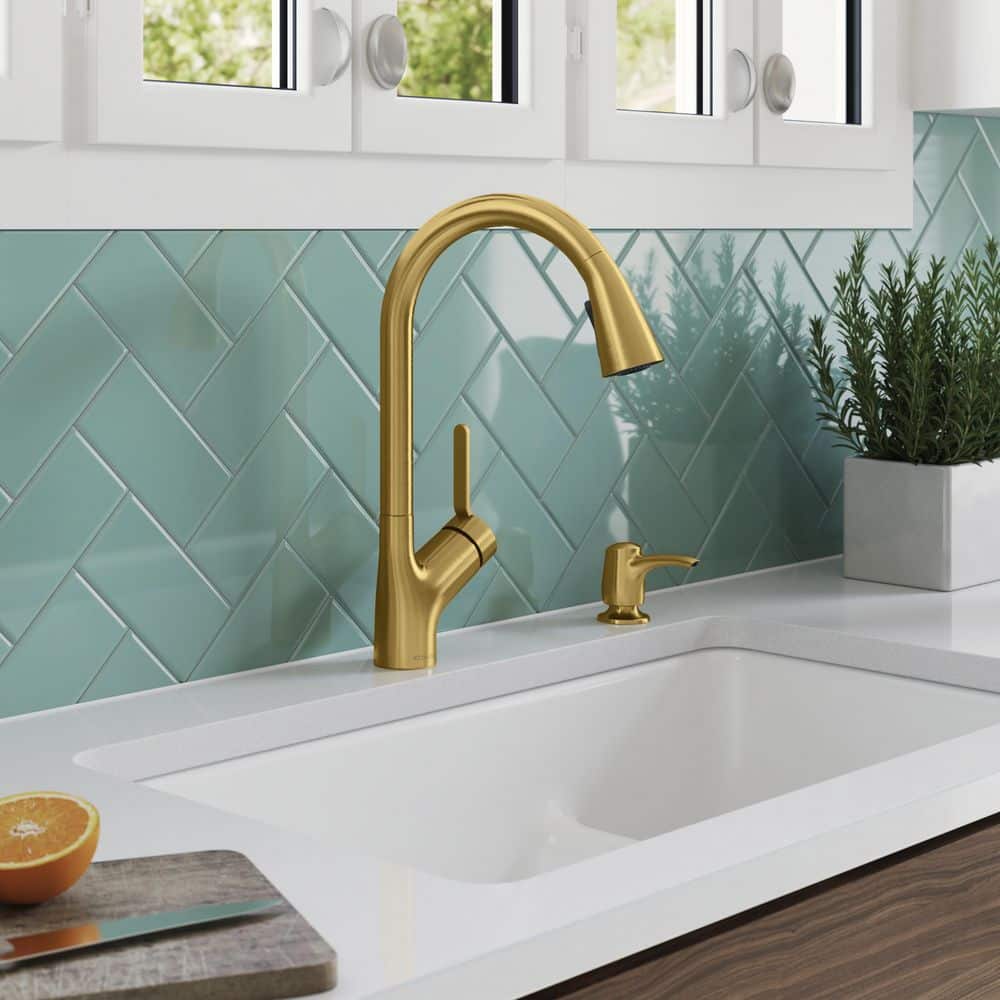 Vibrant Brushed Moderne Brass Pull-Down Kitchen Faucet with Soap Dispenser