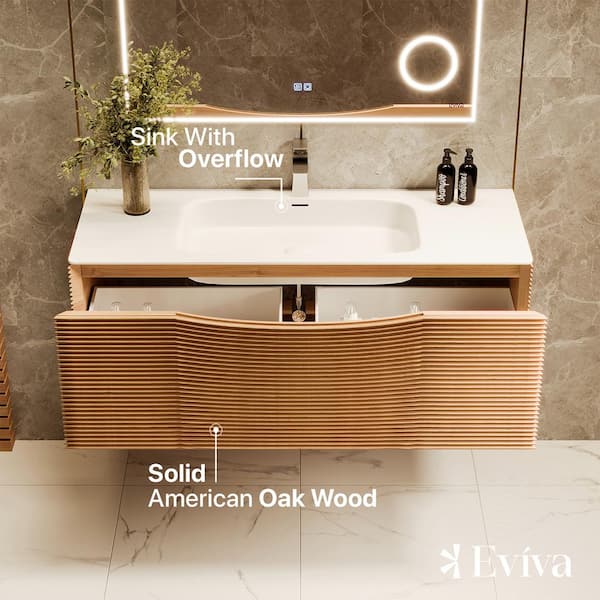 Eviva Leah 39 in. W Solid Wood Single Sink Bath Vanity Floating in Medium Oak with White Solid Surface Top