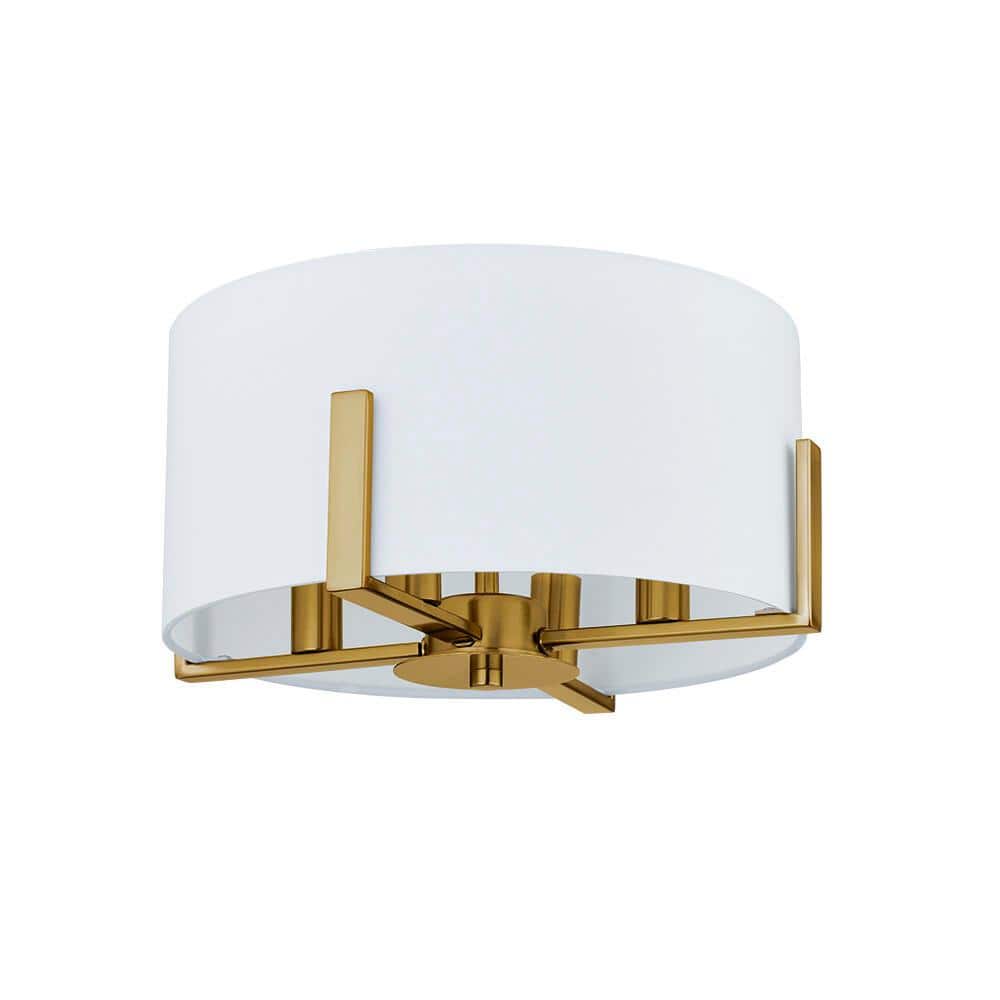 Aged Brass 4-Light Semi Flush Mount with White Drum Shade