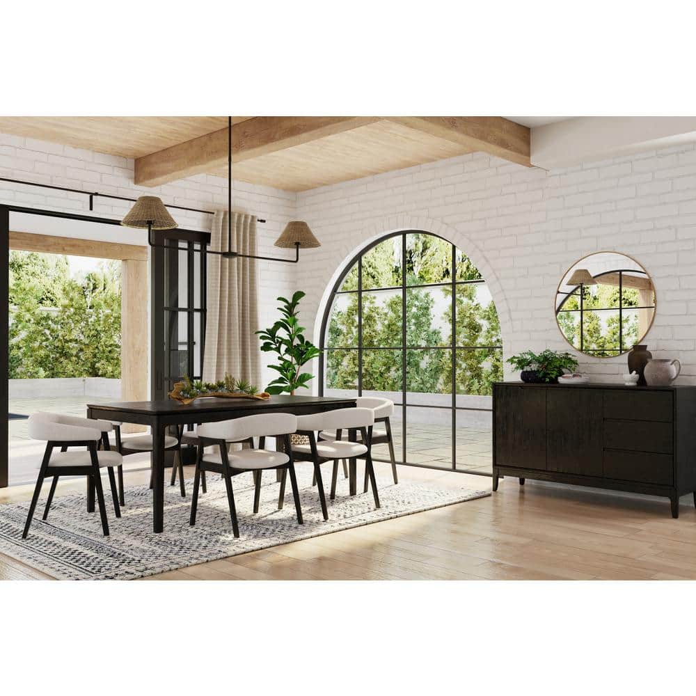 Black Rubberwood Low Arm Chair with Beige Upholstery, Set of 2