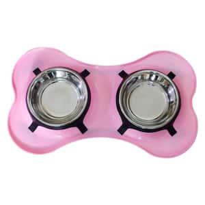 Pets 0.10 Gal. Bone Shaped Plastic Pet Double Diner with Stainless Steel Bowls in Pink and Silver (Set of 2)