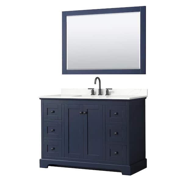 Wyndham Collection Avery 48 in. W x 22 in. D x 35 in. H Single Bath Vanity in Dark Blue with Giotto Quartz Top and 46 in. Mirror