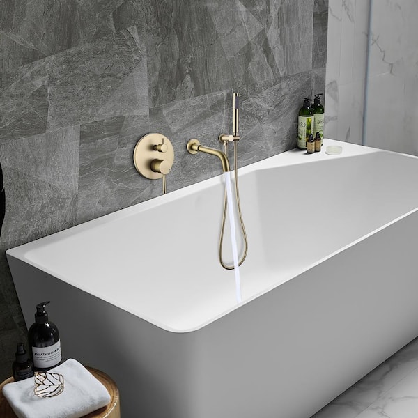 2-Handle Wall Mount Roman Tub Faucet with Hand Shower in Brushed Gold
