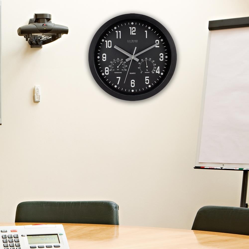 La Crosse 12'' Black Analog Wall Clock with Temperature and Humidity