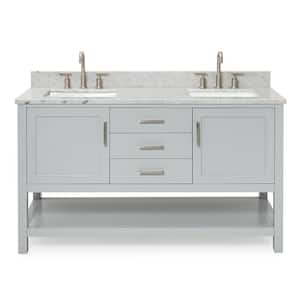 Bayhill 61 in. W x 22 in. D x 35.25 in. H Double Freestanding Bath Vanity in Grey with Carrara White Marble Top