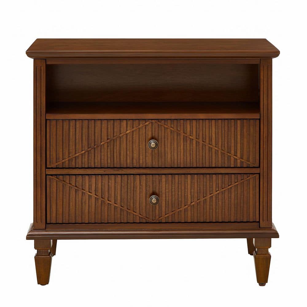 Modern Brown Solid Wood 2 Drawers Nightstand with Charging Station and Open Storage Shelf