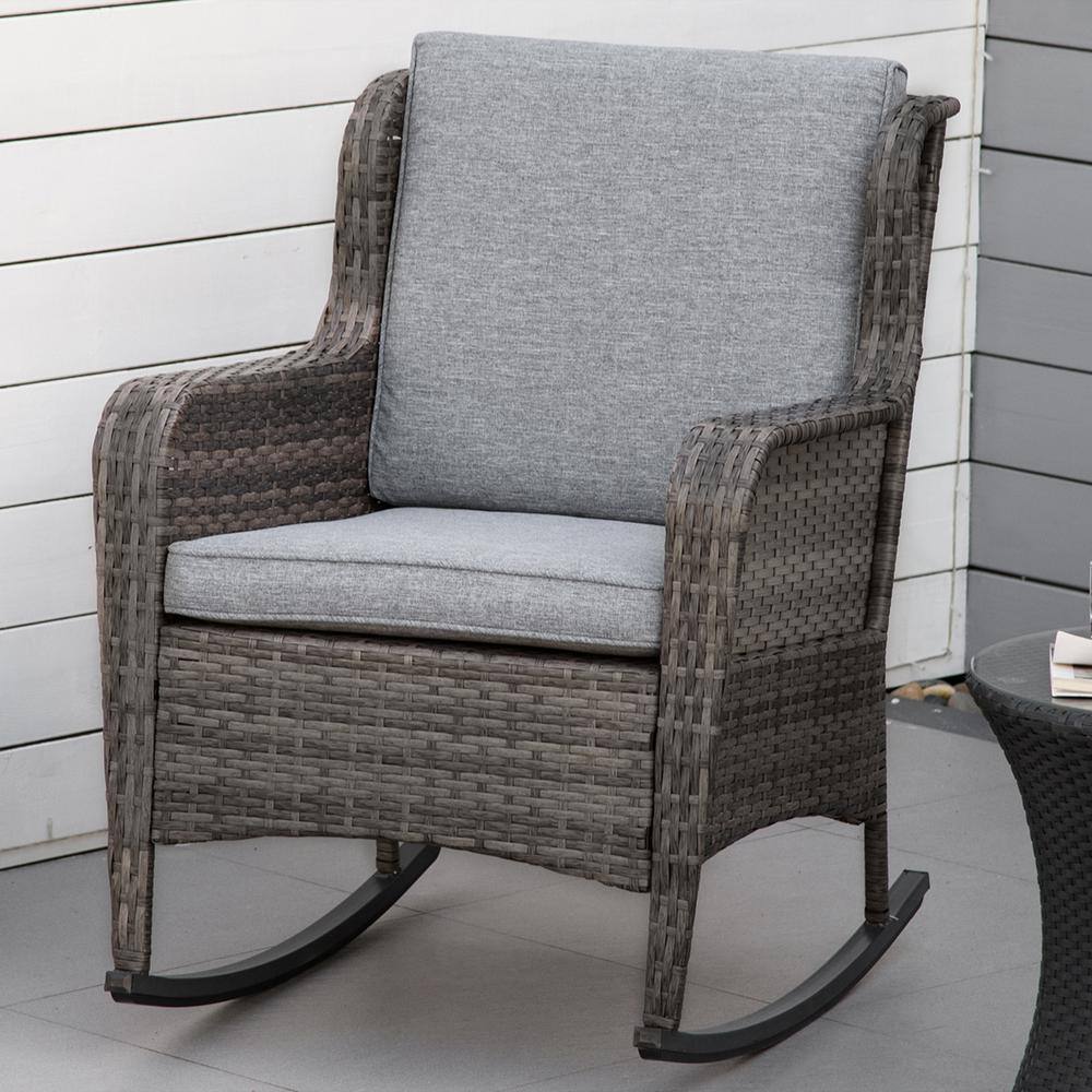 Classic Grey Wicker Rocking Chair with Cushioned Armrests