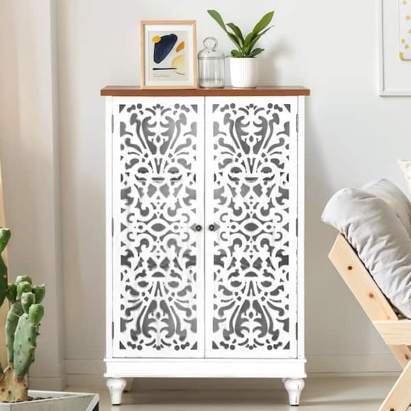 PHI VILLA White Hollow-Carved Tall Cabinet with 2-Door