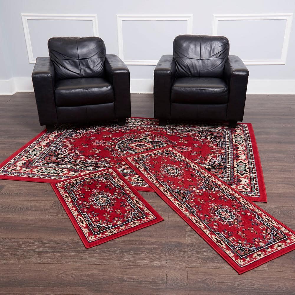 Ariana Red and Blue Synthetic Traditional 3-Piece Rug Set