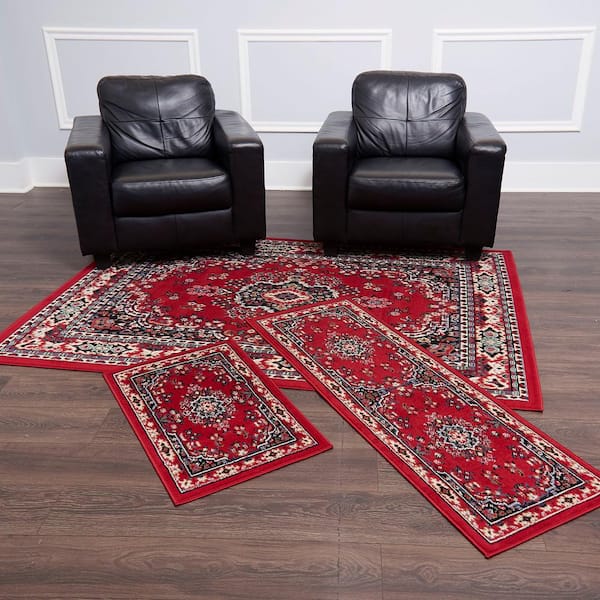 Ariana Red/Blue 5 ft. x 7 ft. 3-Piece Oriental Area Rug Set