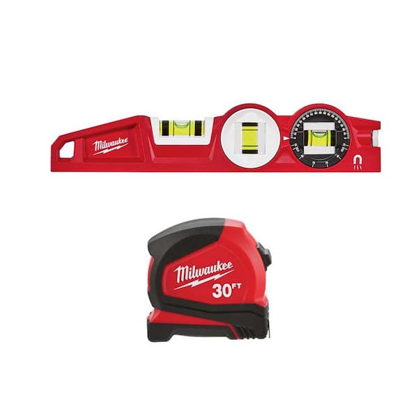 Milwaukee 30 ft. Compact Tape Measure with 10 in. 360-Degree Locking Die Cast Torpedo Level