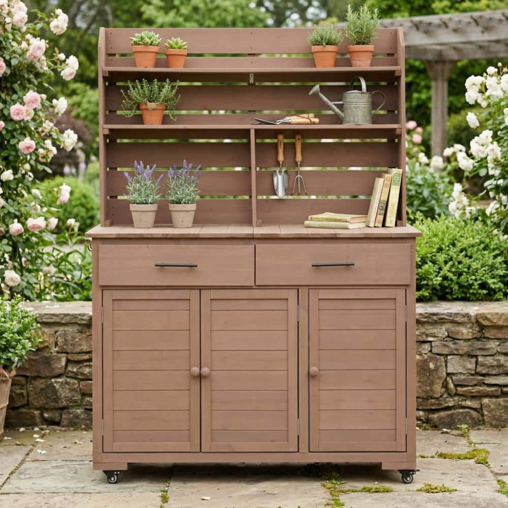 65 in.H Wood Large Garden Potting Bench with Lockable Wheels and Storage Cabinet price history on PriceWatchPro