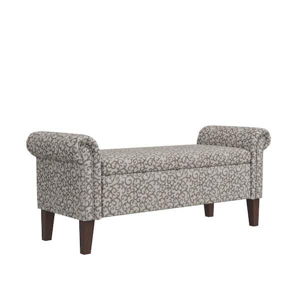 Handy Living Wallen Tan Curly Vine Fabric Traditional Rolled Arm Rectangular Storage Bench 56.5 in. Ottoman with Nailheads