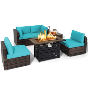 6-Piece Plastic Wicker Patio Conversation Set with Turquoise Cushion 42 in. Fire Pit Table