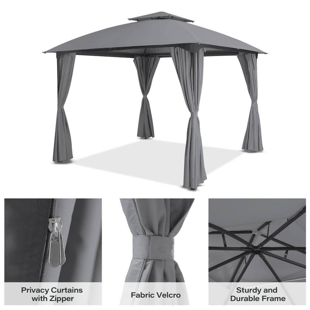 10x10 Gray Steel Patio Gazebo with Privacy Curtains