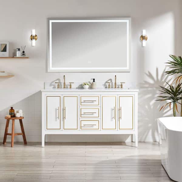 Xspracer Ashpy 60 in. W x 22 in. D x 36 in. H Freestanding Double Bath Vanity in White with White Engineered Marble Top