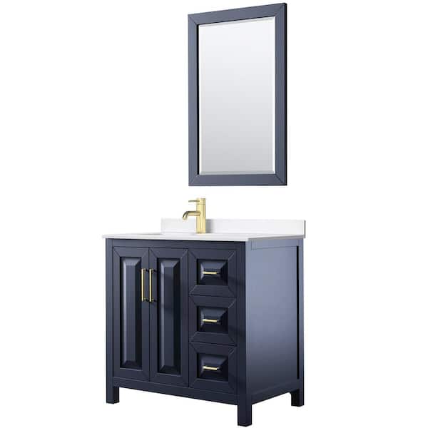 Wyndham Collection Daria 36 in. W x 22 in. D x 35.75 in. H Single Bath Vanity in Dark Blue with White Quartz Top and 24 in. Mirror
