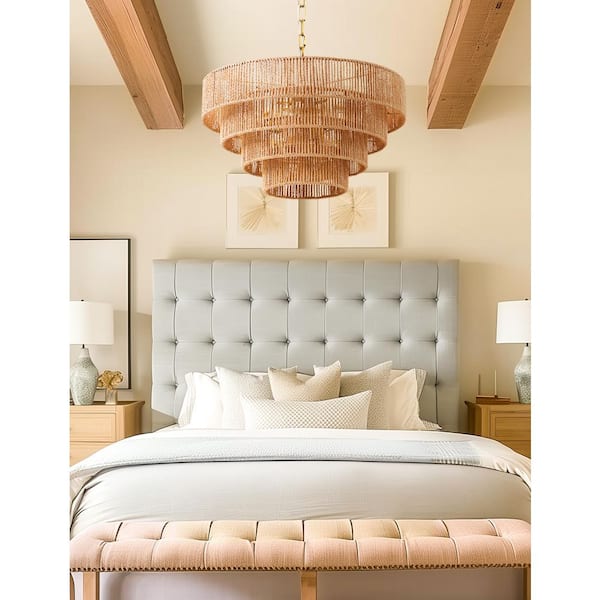 20 in. 6-Light Boho Brown Rattan Chandelier, Hand-Woven 4-Tier Natural Pendant Light for Living Room or Dining Area