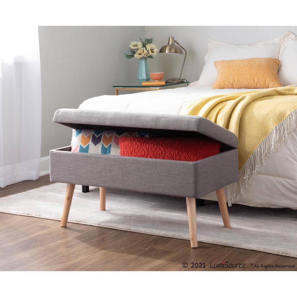 Contemporary Gray Fabric Upholstered Storage Bench with Natural Wood Legs