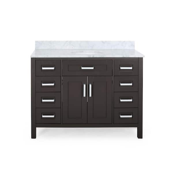 Noble House Greysen 48 in. W x 22 in. D Bath Vanity with Carrara Marble Vanity Top in Brown with White Basin