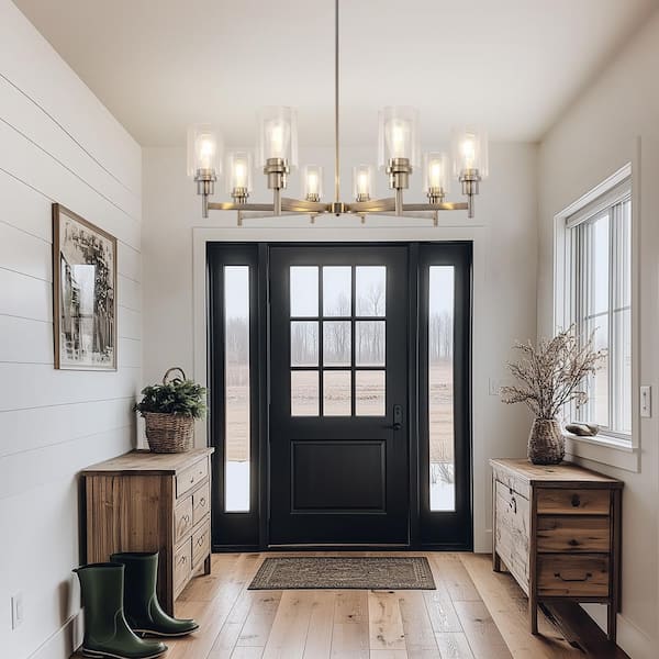 8-Light Brushed Nickel Industrial Chandelier with Clear Glass Cylinder Shades for Dining Room and Living Room
