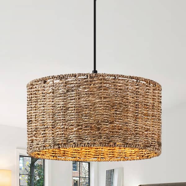ZSMIHDOH 11.8 in. 1-Light Black and Natural Pendant Light with Rattan Shade, No Bulbs Included