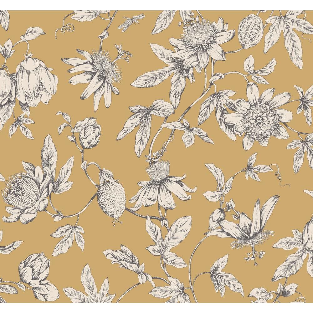 Golden Harvest Passion Flower Toile Floral Wallpaper