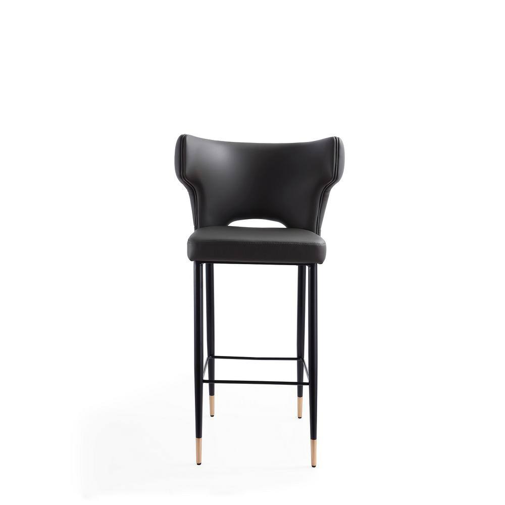 Holguin Gray Leather and Wood Barstool Set with Gold Accents