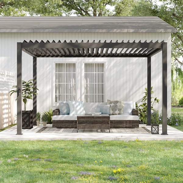 Sonkuki Nordica Series 10 ft. x 13 ft. Aluminum Louvered Pergola, Adjustable Rainproof Roof, Charcoal Gray