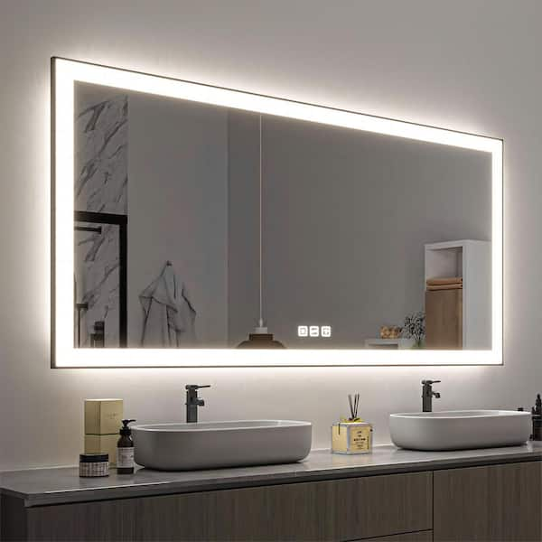 72 in. W x 36 in. H Rectangular Framed LED Anti-Fog Wall Mirror in Black with Backlit and Front Light