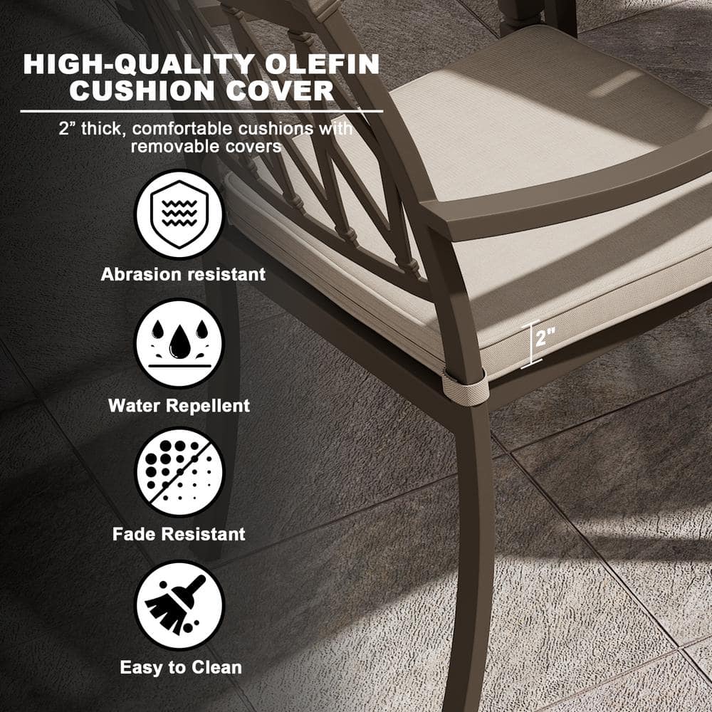 Beige Cushioned Cast Aluminum Outdoor Dining Chairs, Set of 4