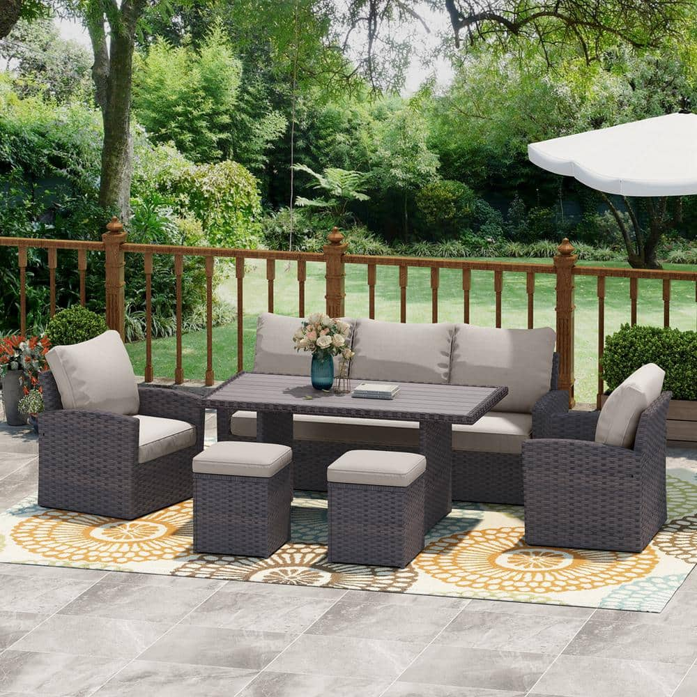 Outdoor 6-Piece Wicker Outdoor Patio Conversation Seating Set with Brown Cushions -  Wateday, PF-W376S00006