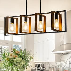 4-Light Farmhouse Black and Bronze Kitchen Island Pendant Light,Rectangle Adjustable Metal Hanging Light