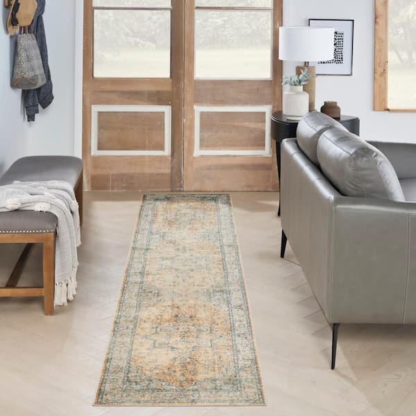 Astra Machine Washable Beige Blue 2 ft. x 8 ft. Center medallion Traditional Runner Area Rug